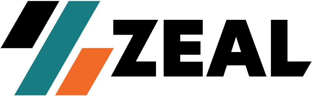 Zeal logo wide black green orange